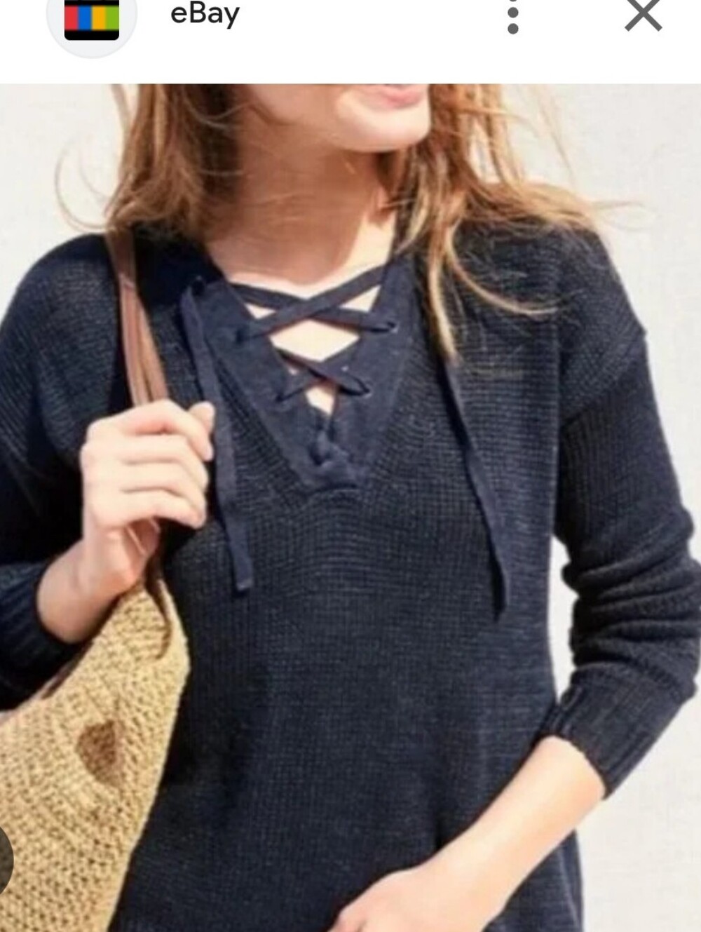 J. Crew Black Lace-Up 100% Linen V-Neck Knit Sweater. Size Small